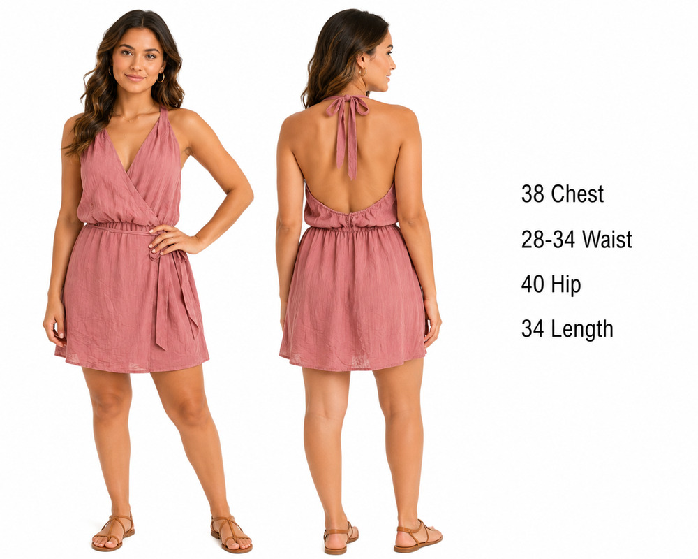 Vici Pink Lightweight Rayon Halter Blouson Wrap Mini Dress Summer Vacation sz M